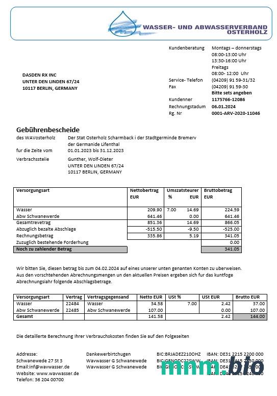 Niemcy Wavwasser rachunek za usługi komunalne szablon w formacie Word i PDF